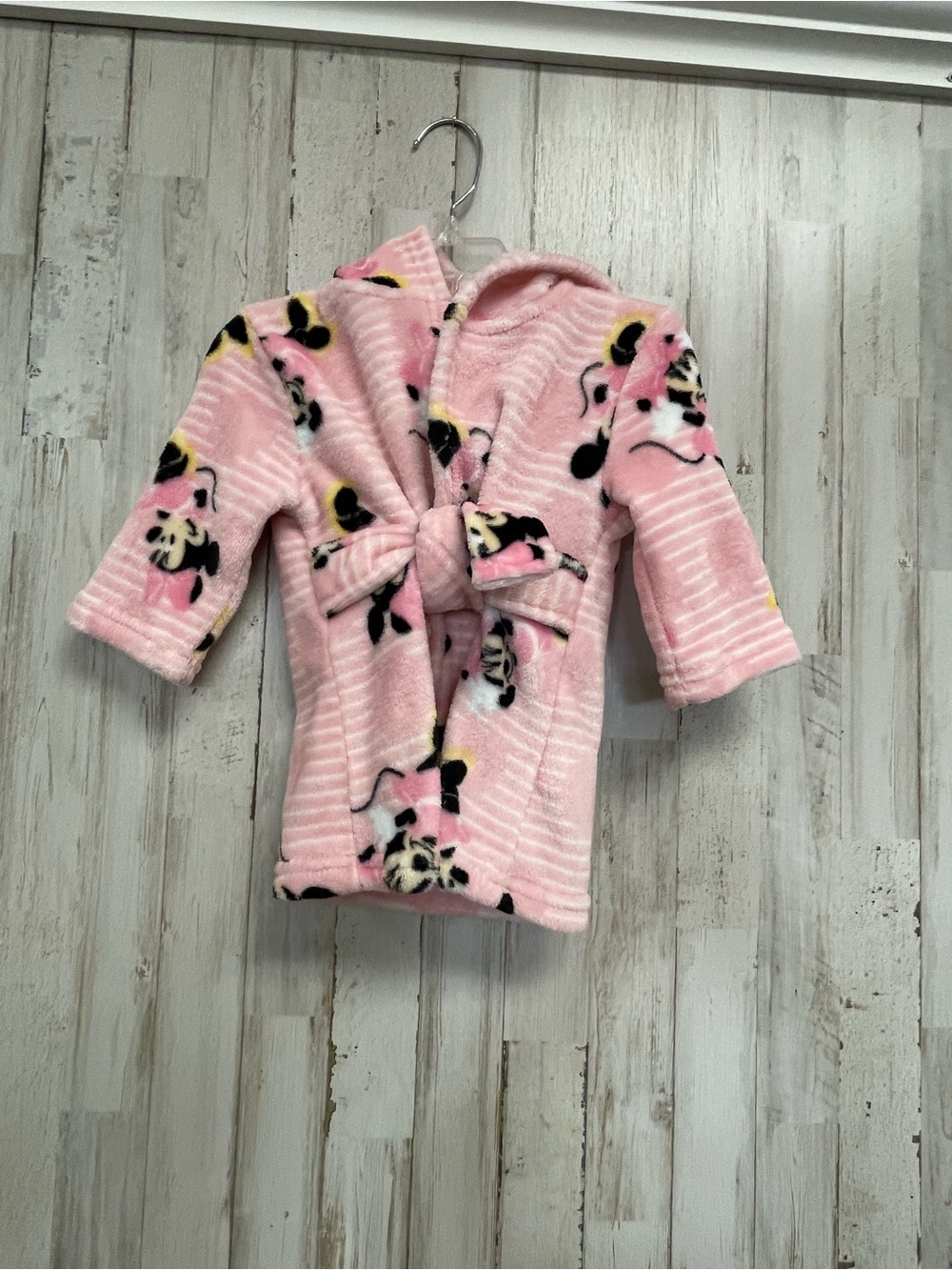 Disney Pink Plush Hooded Robe with Minnie Mouse Print sz 0/12mths